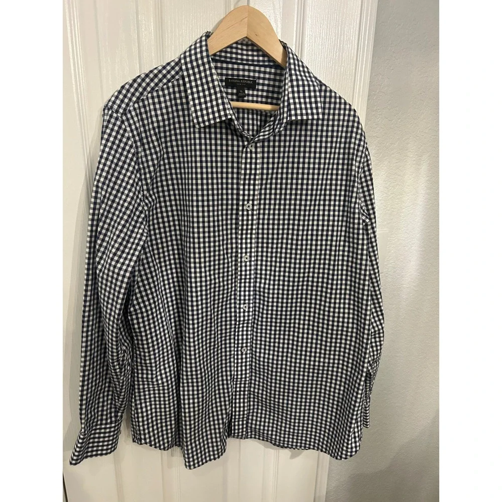 Banana Republic XL Slim‎ Fit Gingham Button Down Shirt Navy Blue White Stretch